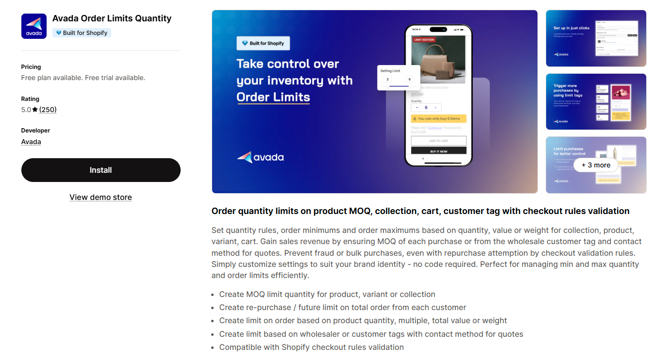 Avada Order Limits Quantity