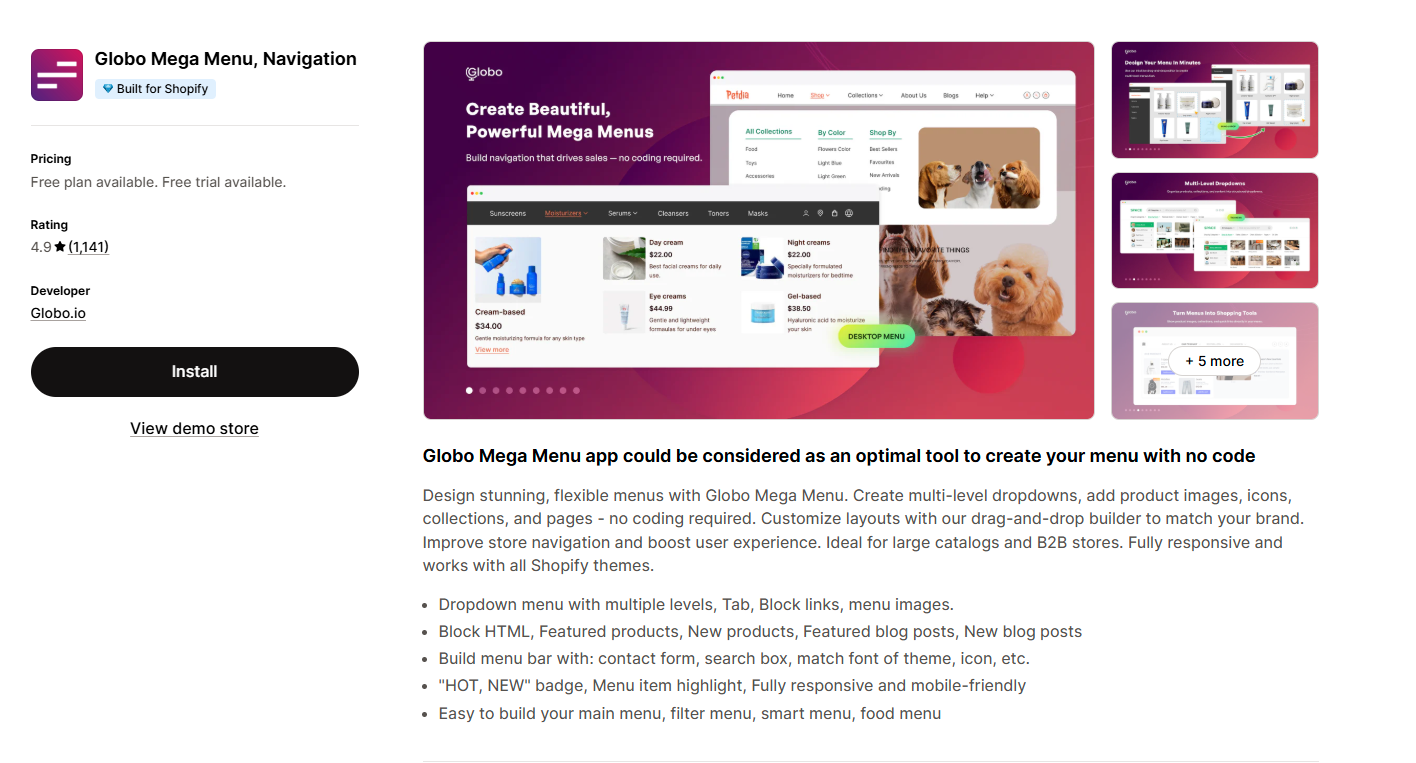 Globo Mega Menu, Navigation