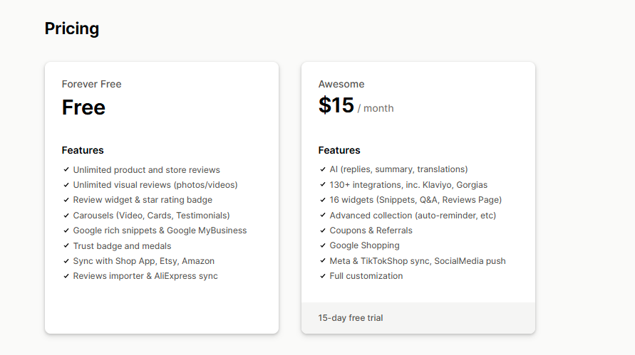 Judge.me Product Reviews App Pricing